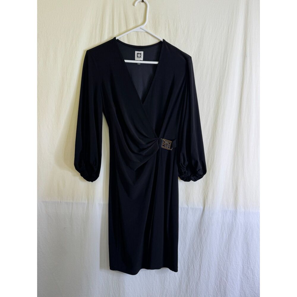 ANNE KLEIN Women's Logo Detail Knit Faux Wrap Knee Length Dress Size 4 in Black